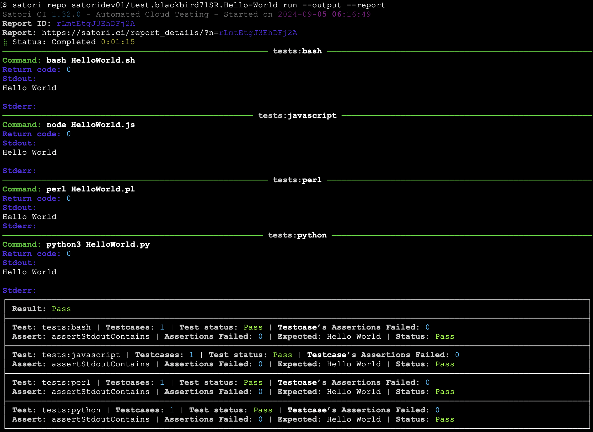 Run Satori on the repo showing the report and the output of multiple Hello World programming languages